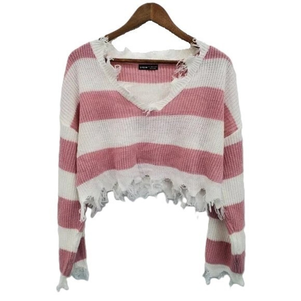 SHEIN Womens L Pink Stripe Destroyed Crop Sweater‎ Y2K Indie Grunge Aesthetic